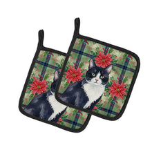 Load image into Gallery viewer, Black and White Tuxedo Cat with Poinsettias Pair of Pot Holders