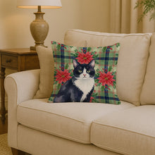 Load image into Gallery viewer, Black and White Tuxedo Cat with Poinsettias Throw Pillow