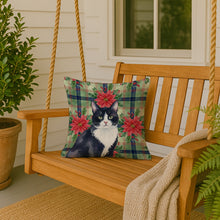 Load image into Gallery viewer, Black and White Tuxedo Cat with Poinsettias Throw Pillow