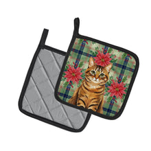 Load image into Gallery viewer, Classic Tabby Brown Cat with Poinsettias Pair of Pot Holders