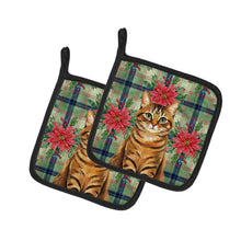 Load image into Gallery viewer, Classic Tabby Brown Cat with Poinsettias Pair of Pot Holders