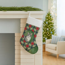 Load image into Gallery viewer, Gray and White Cat with Poinsettias Holiday Stocking