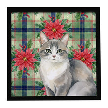 Load image into Gallery viewer, Gray and White Cat with Poinsettias Framed Metal Print
