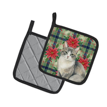 Load image into Gallery viewer, Gray and White Cat with Poinsettias Pair of Pot Holders