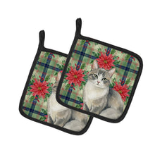 Load image into Gallery viewer, Gray and White Cat with Poinsettias Pair of Pot Holders