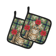 Load image into Gallery viewer, Mackerel Tabby Brown Cat with Poinsettias Pair of Pot Holders