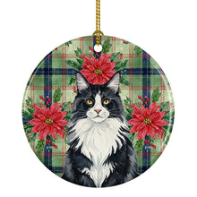 Load image into Gallery viewer, MaineCoon Black and White Cat with Poinsettias Ceramic Ornament