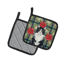 Load image into Gallery viewer, MaineCoon Black and White Cat with Poinsettias Pair of Pot Holders