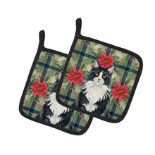 Load image into Gallery viewer, MaineCoon Black and White Cat with Poinsettias Pair of Pot Holders