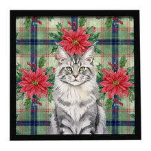 Load image into Gallery viewer, MaineCoon Silver Tabby Cat with Poinsettias Framed Metal Print
