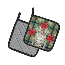Load image into Gallery viewer, MaineCoon Silver Tabby Cat with Poinsettias Pair of Pot Holders