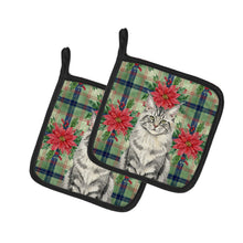 Load image into Gallery viewer, MaineCoon Silver Tabby Cat with Poinsettias Pair of Pot Holders