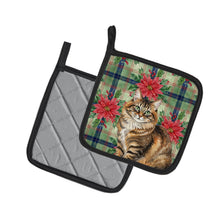 Load image into Gallery viewer, Norwegian Forest Cat Brown Tabby Cat with Poinsettias Pair of Pot Holders