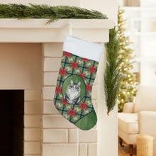 Load image into Gallery viewer, Norwegian Forest Cat Gray and White Cat with Poinsettias Holiday Stocking