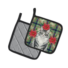 Load image into Gallery viewer, Norwegian Forest Cat Gray and White Cat with Poinsettias Pair of Pot Holders