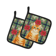 Load image into Gallery viewer, Orange Classic Tabby Cat with Poinsettias Pair of Pot Holders