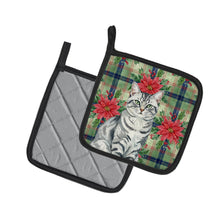 Load image into Gallery viewer, Silver Classic Tabby Cat with Poinsettias Pair of Pot Holders