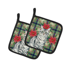 Load image into Gallery viewer, Silver Classic Tabby Cat with Poinsettias Pair of Pot Holders