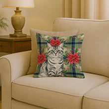 Load image into Gallery viewer, Silver Classic Tabby Cat with Poinsettias Throw Pillow