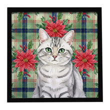 Load image into Gallery viewer, Silver Mackerel Tabby Cat with Poinsettias Framed Metal Print