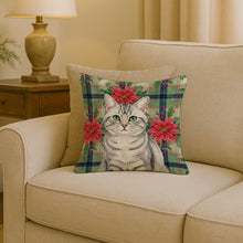 Load image into Gallery viewer, Silver Mackerel Tabby Cat with Poinsettias Throw Pillow