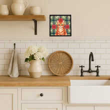 Load image into Gallery viewer, Solid Red Ginger Cat with Poinsettias Framed Metal Print