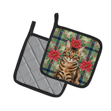 Load image into Gallery viewer, Spotted Tabby Brown Cat with Poinsettias Pair of Pot Holders