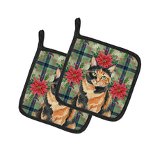Load image into Gallery viewer, Tortoiseshell Cat with Poinsettias Pair of Pot Holders