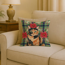 Load image into Gallery viewer, Tortoiseshell Cat with Poinsettias Throw Pillow