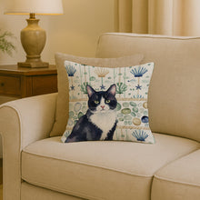 Load image into Gallery viewer, Black and White Tuxedo Cat Coastal Sea Glass Throw Pillow