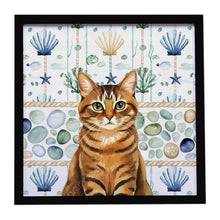Load image into Gallery viewer, Classic Tabby Brown Cat Coastal Sea Glass Framed Metal Print