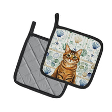 Load image into Gallery viewer, Classic Tabby Brown Cat Coastal Sea Glass Pair of Pot Holders