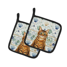 Load image into Gallery viewer, Classic Tabby Brown Cat Coastal Sea Glass Pair of Pot Holders