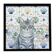 Load image into Gallery viewer, Gray Mackerel Tabby Cat Coastal Sea Glass Framed Metal Print
