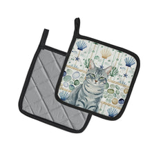 Load image into Gallery viewer, Gray Mackerel Tabby Cat Coastal Sea Glass Pair of Pot Holders