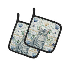 Load image into Gallery viewer, Gray Mackerel Tabby Cat Coastal Sea Glass Pair of Pot Holders