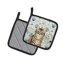 Load image into Gallery viewer, Mackerel Tabby Brown Cat Coastal Sea Glass Pair of Pot Holders