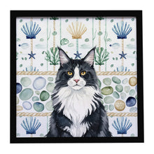 Load image into Gallery viewer, MaineCoon Black and White Cat Coastal Sea Glass Framed Metal Print