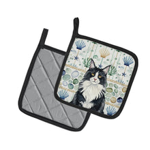Load image into Gallery viewer, MaineCoon Black and White Cat Coastal Sea Glass Pair of Pot Holders