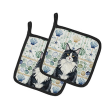 Load image into Gallery viewer, MaineCoon Black and White Cat Coastal Sea Glass Pair of Pot Holders