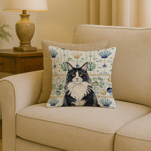 Load image into Gallery viewer, MaineCoon Black and White Cat Coastal Sea Glass Throw Pillow