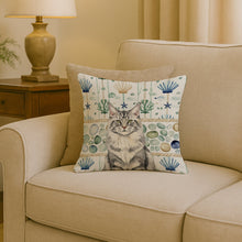 Load image into Gallery viewer, MaineCoon Silver Tabby Cat Coastal Sea Glass Throw Pillow