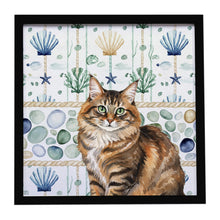 Load image into Gallery viewer, Norwegian Forest Cat Brown Tabby Cat Coastal Sea Glass Framed Metal Print