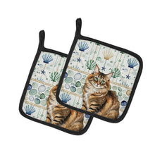 Load image into Gallery viewer, Norwegian Forest Cat Brown Tabby Cat Coastal Sea Glass Pair of Pot Holders
