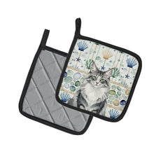 Load image into Gallery viewer, Norwegian Forest Cat Gray and White Cat Coastal Sea Glass Pair of Pot Holders