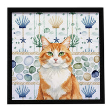 Load image into Gallery viewer, Orange and White Cat Coastal Sea Glass Framed Metal Print