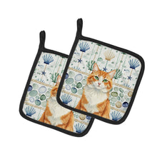 Load image into Gallery viewer, Orange and White Cat Coastal Sea Glass Pair of Pot Holders