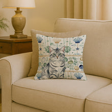 Load image into Gallery viewer, Silver Classic Tabby Cat Coastal Sea Glass Throw Pillow