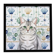 Load image into Gallery viewer, Silver Mackerel Tabby Cat Coastal Sea Glass Framed Metal Print