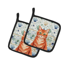 Load image into Gallery viewer, Solid Red Ginger Cat Coastal Sea Glass Pair of Pot Holders